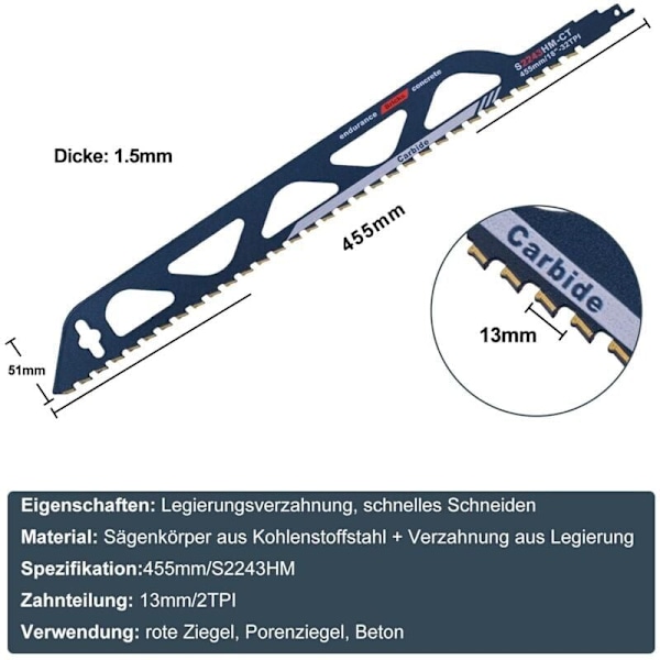 Reciproceringssågblad i volframkarbidstål för metall, trä, sten, reciproceringssågtillbehör för lättbetong, tegel, betong, cement Boa