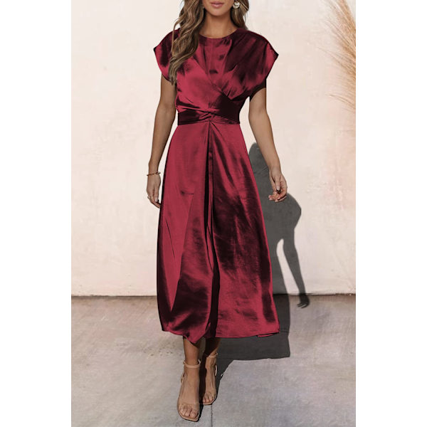 Kvinder 2023 Sommer Satin Midi Kjole Cap Ærmer Binde Talje Elegant A Linje Flydende Kjole
