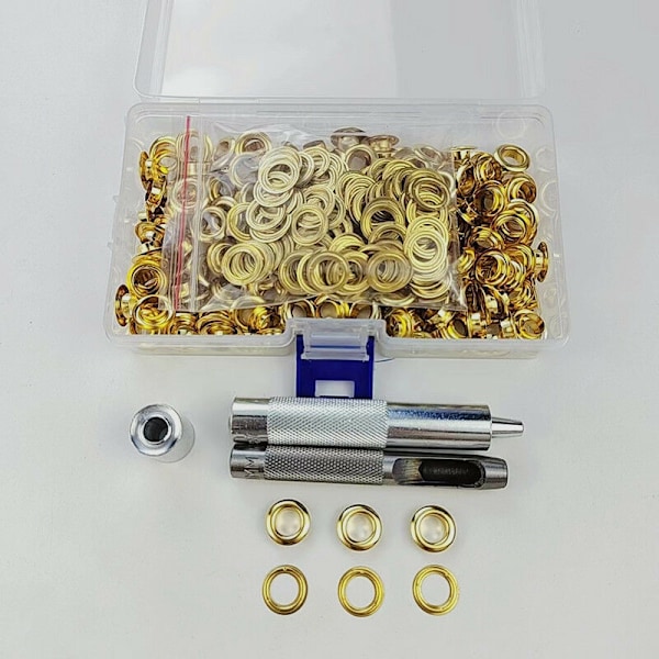 Ieuillets Kit, 100 öljetter set 12 mm öljetter, presenningsreparationskit, med 3 st grommet öljetter verktyg Kit för presenning, tyg, gardiner (guld),
