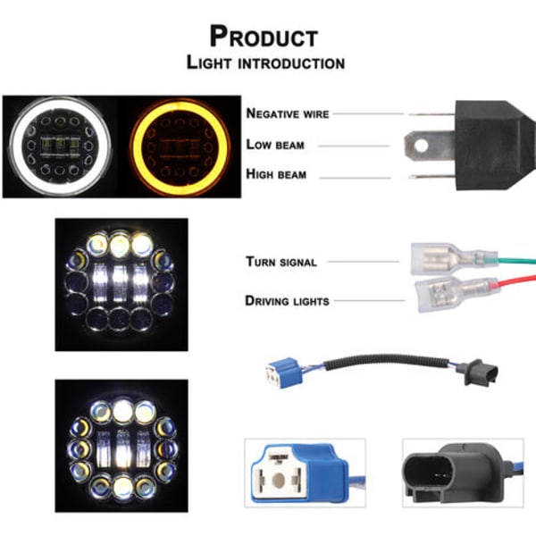 Motorsykkel Bil Hovedlys 12V/24V 7 Tommers Rund LED Kjørelys Hovedlykt Passer for 7 Tommers Jeep Wrangler, Retro Blinklys, Modell: Svart 22 - Modell: Svart