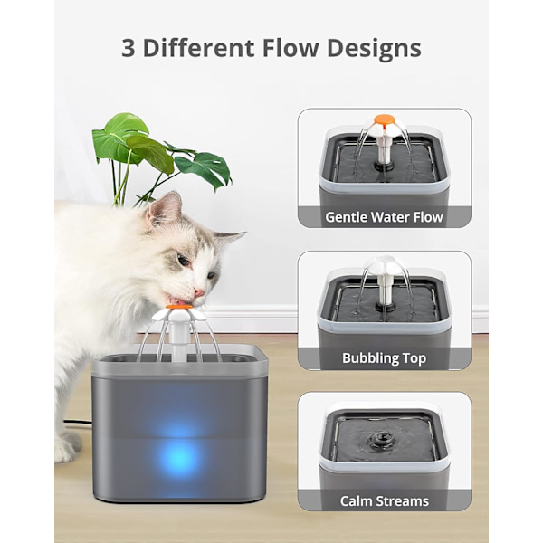 Katt og hund drikkefontene 2L, grå, stille kattevanndispenser med utskiftbart filter