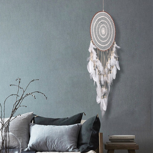 Suuri Boho Dreamcatcher White Feather and Beads Wall Ripustus Vint