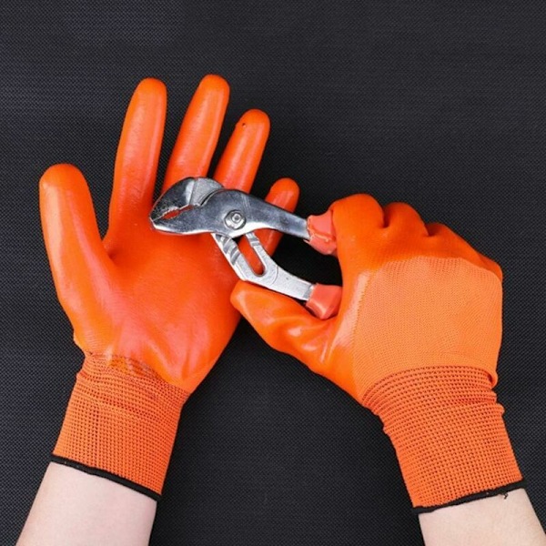 Liotetut ja hengittävät työkäsineet (12 paria, koko: 24cm) Vedenpitävät PVC- ja oranssit suojakäsineet, vahva tarttuvuus