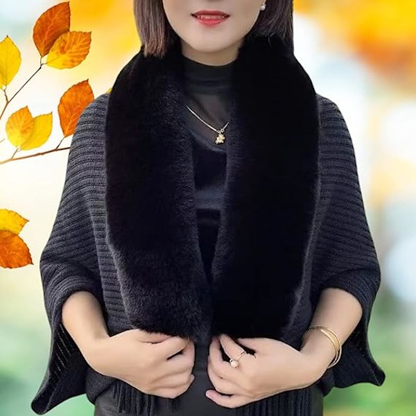 Stickad tjock damlös sjal poncho cape reversibel överdimensionerad lång stickad varm wrap för kvinnor damer på vintern (svart)