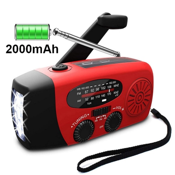 Nødradio med lommelykt og 2000mAh SOS Red Crank Radio