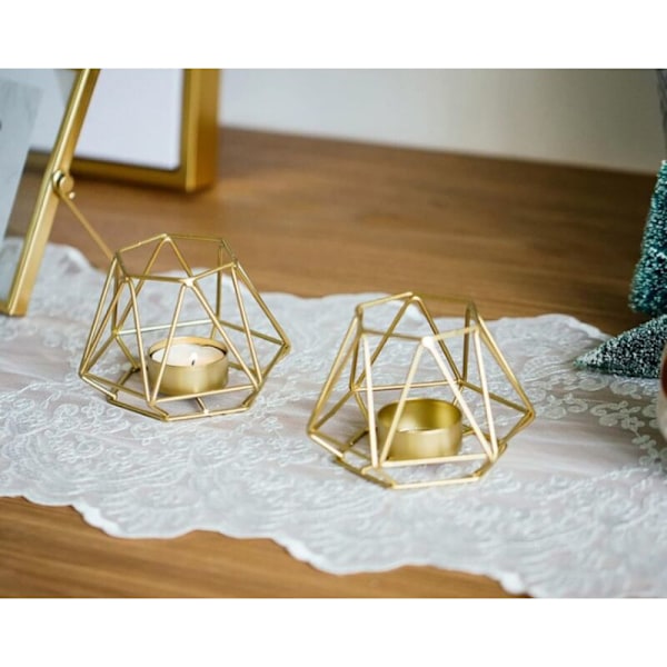 2 stk. geometriske, puffete lysestaker, gullfargede bordlysestake-ornamenter (2 x små)