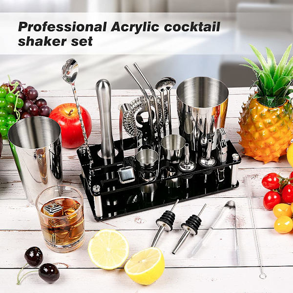 Cocktail Shaker Sæt, 23-delt Boston Rustfrit Stål Bartender Kit med Akryl Stativ  Cocktail Opskrifter Hæfte, Professionelle Bar Værktøjer til Drik Mi