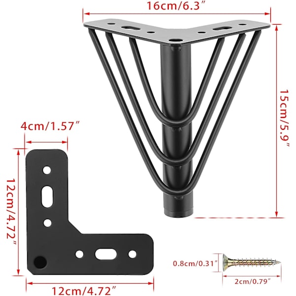 Sats med 4 metallmöbelben 15CM triangulär topplatta fötter, kraftiga DIY-ersättningsmöbelben, stödben för soffa, säng, stol, skåp,