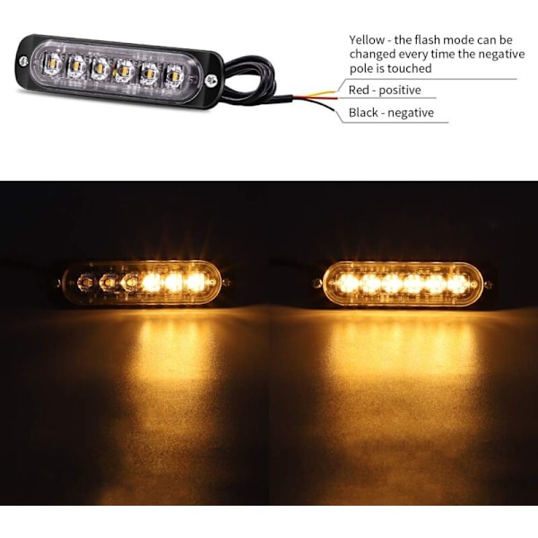 4 STK Strobe Sidemarkeringslys, 6 LED Fareadvarselslysbjælke, Gul Nedbrydningsblink, Nødblink, Vandtæt 12V 24V Universal til Ca