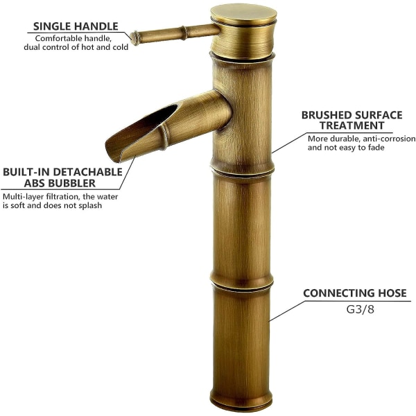 Høy bambus kran, foss servantbatteri servantbatteri, ett hull kran varmt og kaldt vann tilgjengelig, bronse baderomskran, 3 ledd Brea