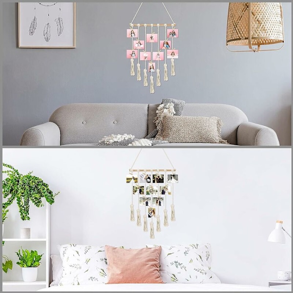 Makramee-seinävalokuvakehys - 40 x 65 cm - Seinävalokuva ripustin 25 valokuvalle 25 puuklipsillä - Seinävalokuvakehys köydellä valokuville, kollaaseille, koristeluun
