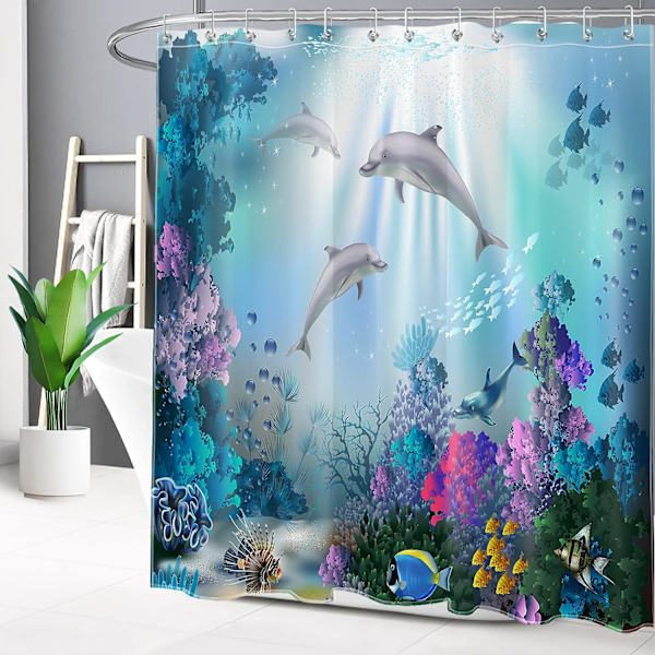 Undervands bruseforhæng med kroge, 180x200cm delfiner fisk koral mønstret badeforhæng, vandafvisende skimmelbestandigt vaskbart polyesterstof