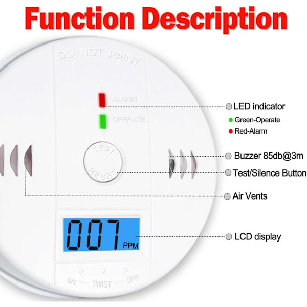 Kolmonoxiddetektor med LED-display, rök- och kolmonoxiddetektor -
