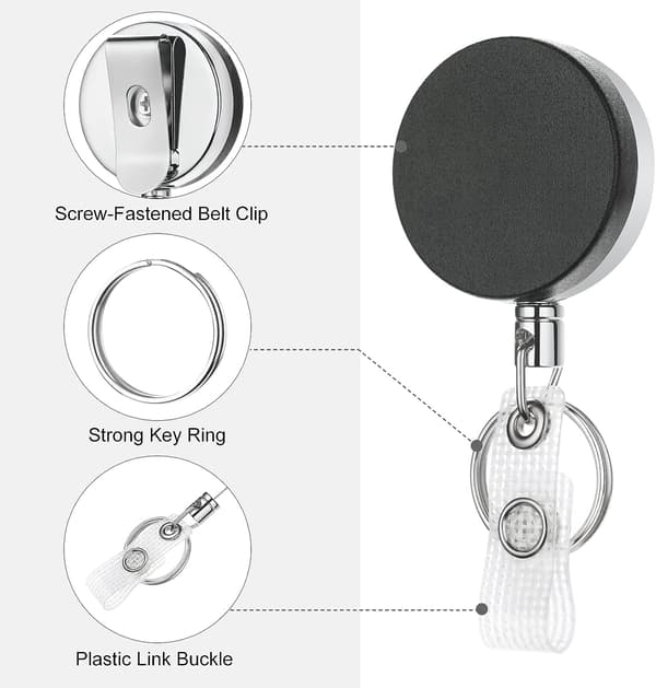 Tilbagekaldelig nøglering, 2 stk. Tilbagekaldelig badgeholder, Heavy Duty Tilbagekaldelig badgehjul nøglering med stålspolekæde og krog, Tilbagekaldelig klips