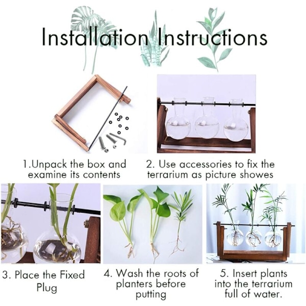 Plante med træstøtte, blomsterpotte i glas, drejelig metalstøtte, retro bord til hydroponics, ho, have, skrivebord, dekoration - 3 pærer