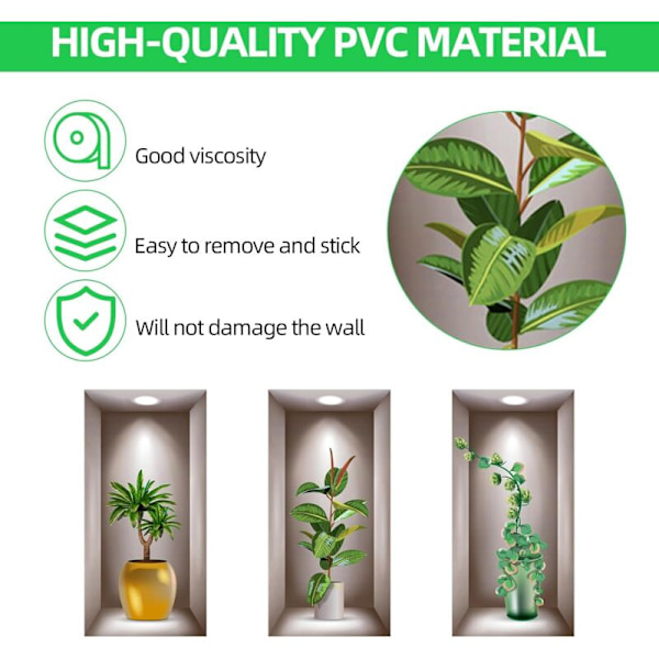 Sett med 3 3D veggklistremerker i 3D vinyl for stue, vaser, grønne planter - for soverom, kontor, kjøkken - 40 x 20 cm