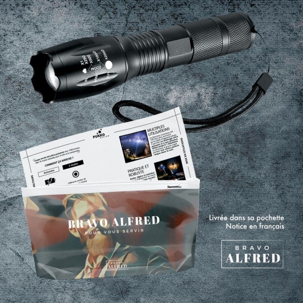 BRAVO ALFRED Ultra kraftfull LED-ficklampa XML-T6 Militärficklampa användbar för cykling eller vandring och 5 lägen inklusive Anti-aggressionsblixt, zoom