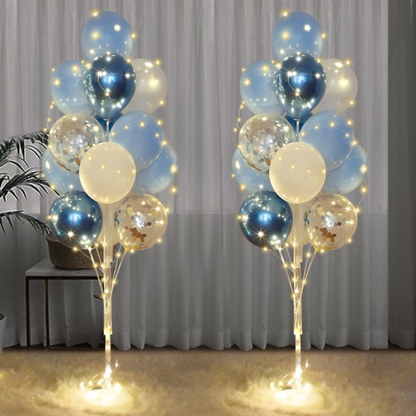 Ballongstativ med lyslenke, sett med 2 lyseblå ballongstativ, dekorasjon til bryllup, babyshower, bursdagsfest, utdrikningslag