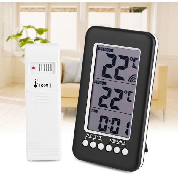 Inomhus utomhus termometer, termometer mottagning, digital LCD inomhustermometer utomhus klocka klocka trådlös sändare med