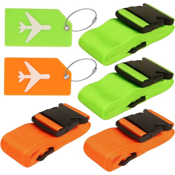 4 stycken bagageremmar (orange och gröna) med bagagelappar, adj