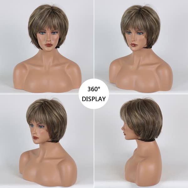 Kort gyllene gradient peruk med mörkbruna lugg blandad med blond, pixie cut syntetisk fiber dam peruk
