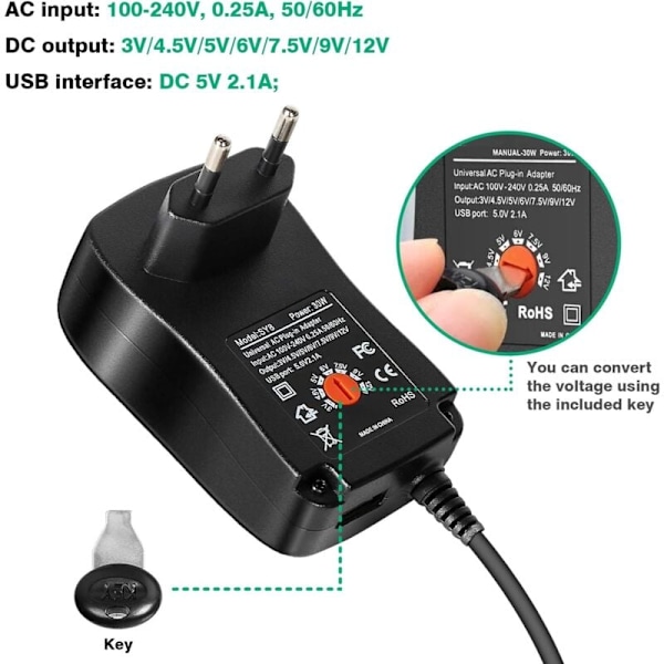 Universell strömförsörjningsadapter, Adapter Universell Sektor Justerbar 30W AC till DC 12V 9V 7.5V 6V 5V 4.5V 3V Multi-ställbar strömadapter, för hushåll