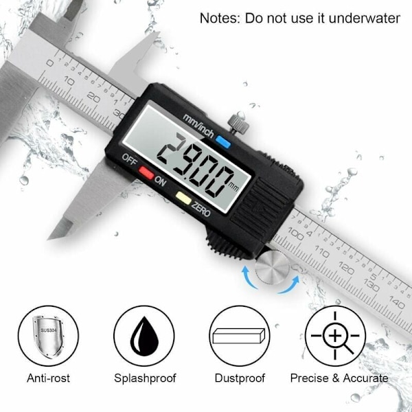 Vernier-mitta, digitaalinen Vernier-mitta 150 mm ruostumatonta terästä suuri LCD-näyttö säädettävä tarkkuus 0,01 mm, mm/tuuma muunnos, roiskesuojattu, kotitalous