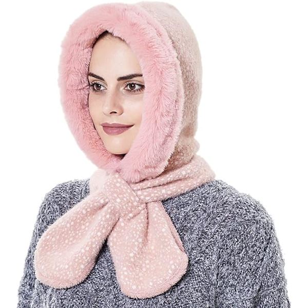 Vintermössa för kvinnor varm huva halsduk mössa fleece mössor halsduk mask vinter balaclava pullover stickad skidmössa(rosa)