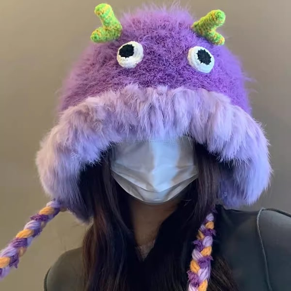 Søt Kawaii Flerfarget Varm Myk Monster Dekk Øre Lue Vinterlue En Størrelse