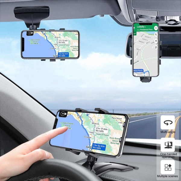 Support de téléphone de Voiture, rétroviseur Multifonction pour Tableau de Bord de Voiture avec Pince à Ressort réglable à 360 °, adapté aux Smartph