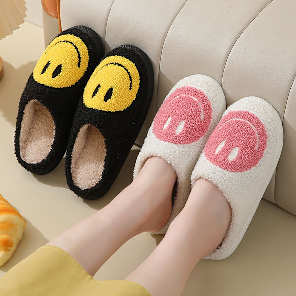 Dam- och herrtofflor i retrostil med glad smiley, bekväma och varma plyschtofflor för inomhusbruk, vinter, 24 cm
