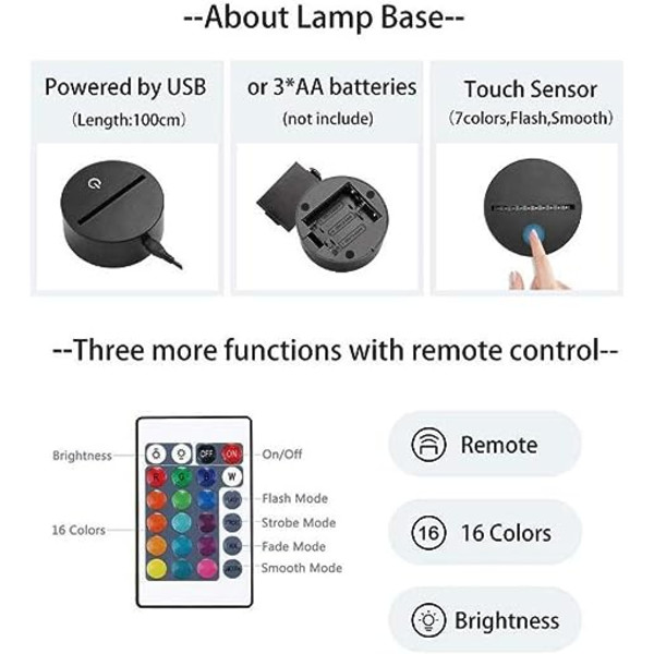 3D natlampe Touch switch skrivebordslampe (3D Mario natlampe), 7 farveskiftende lys, med akrylplade, ABS-base og USB-kabel