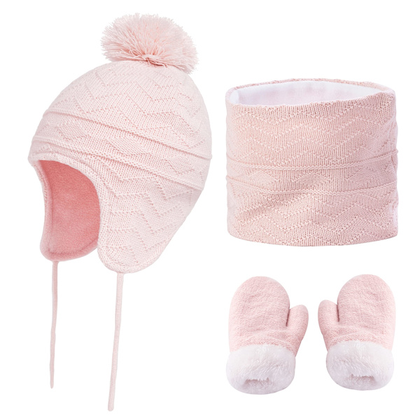 Vintermössa, halsduk och handskset unisex barn vinter varm kabelmössa med pom pom fleecefodrade handskar utomhusaktiviteter för pojkar och flickor 1-3 år