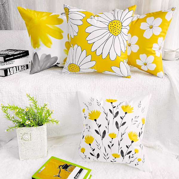 Utendørs putetrekk Gult sennep Blomster Daisy Hageputer Sett med 4 putetrekk Hjemmedekorativt for sofa Stue Utendørs Grå Flo