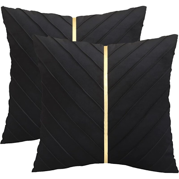Svart sammetskudde 45x45 Set om 2, dekorativt och lyxigt örngott för soffa, vardagsrum, sovrum, bäddsoffakudde med gyllene läder