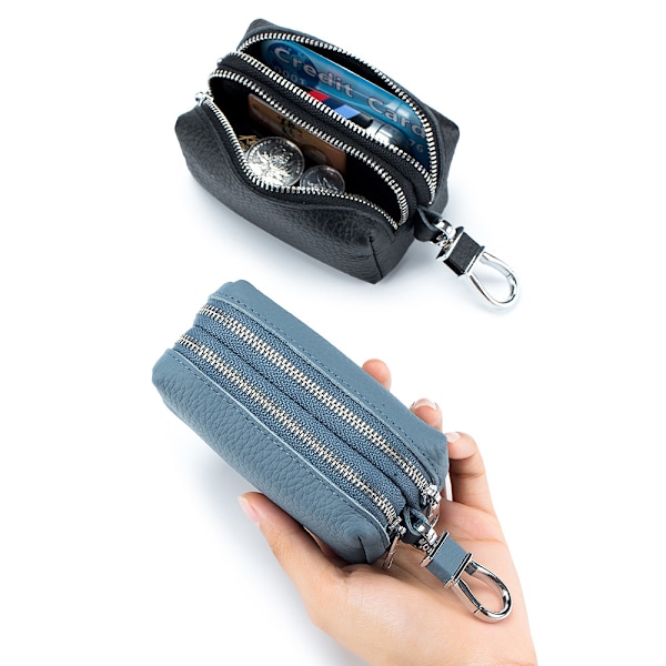 Äkta läder bilnyckel fodral, unisex dubbel dragkedja nyckelring plånbok myntväska väska med metallkrok (safir)