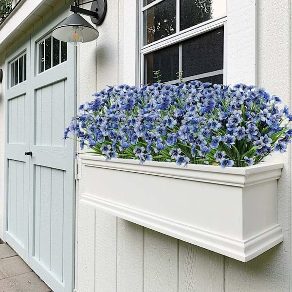 Artifici Faux, 12 st konstgjorda blommor i gula gröna buskar, plastväxter för inomhus- och utomhusbruk, planterade i hemdekor (blå)
