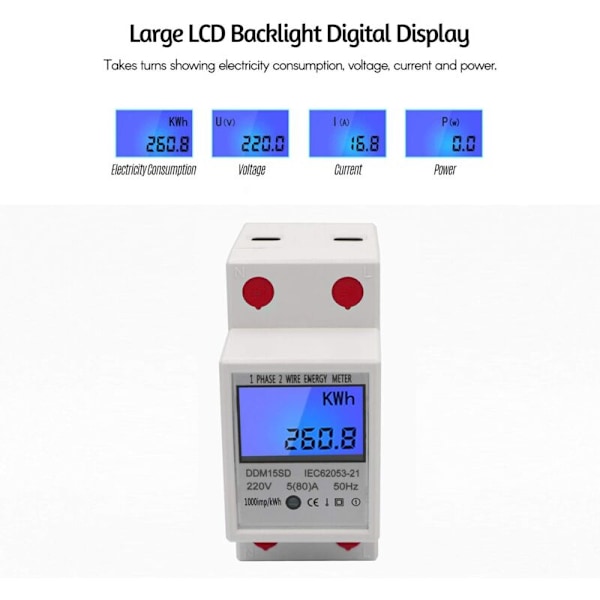 Energimätare, DIN-skena enfas 5-80A 220V 50Hz KWH elektronisk mätare med digital LCD DDM15SD digital display