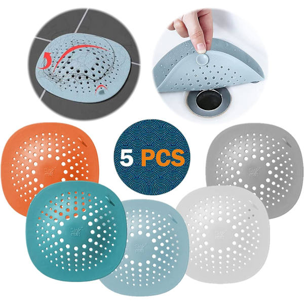 5-pack duschbrunnshår fälla med sugkoppar, silikon duschbrunn lock hårstopp, handfat sil badkar avloppsskydd plugg fälla filter Ki