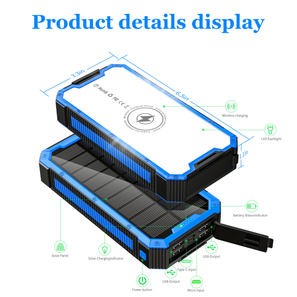 Trådlös laddning och powerbank - Utomhus stor kapacitet 36800mAh solenergi powerbank med campinglampa