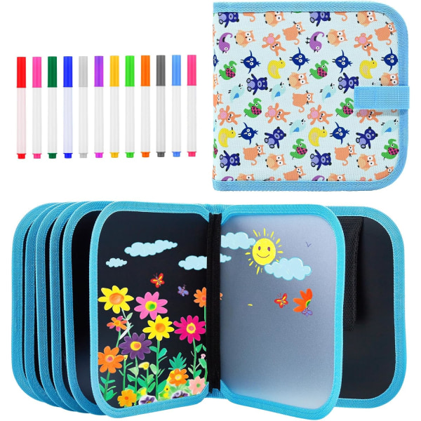 Raderbar klotterbok, dubbelsidigt skrivblock för barn med 12 färgglada pennor, återanvändbar bärbar ritplatta, leksak för toddler