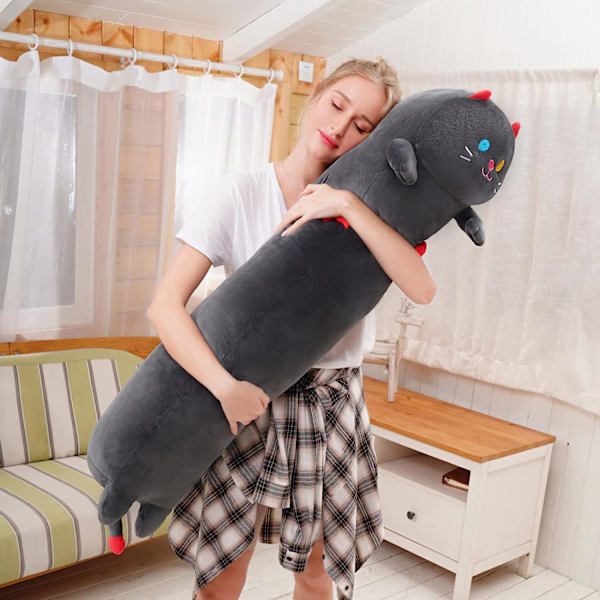 Lång katt plyschkudde, söt svart katt plyschdjur kawaii mjuk plyschleksaker, kattunge plyschkudde docka leksak present till flickor pojkar