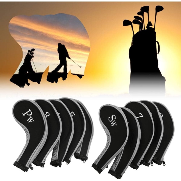 (Grå) Golf Iron Head Covers, 10 stykker Vanntett Neopren Golf Club Head Covers Puttersett Beskyttelsesdeksler Golftilbehør