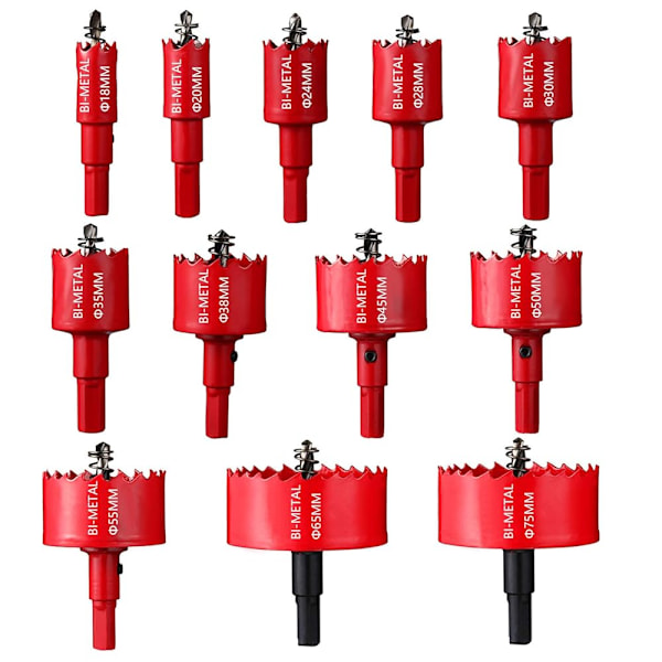 12 stk. Store Hulsave af Bi-Metal til Boring af Paneler, Plastik, Rør, Træ, Fiberplader, Blødt Metal 18-75mm