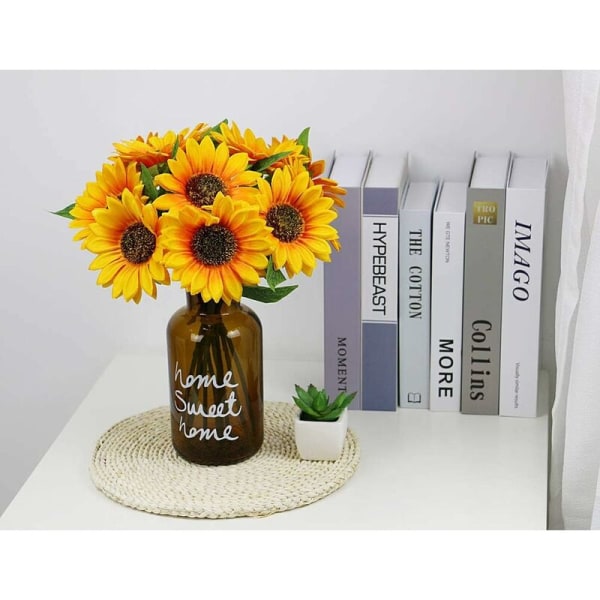Set med 10 konstgjorda solrosor, enkel stjälk, realistiska, siden, för blomsterarrangemang, bröllopsbukett, mittpunkt, heminredning, trädgård, fest