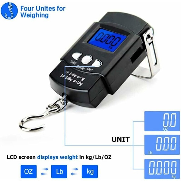 Elektroninen matkatavara, LCD Digitaalinen Kannettava Elektroninen Kalastusvaaka Punnitsee Digitaalisen Matkalaukun Painon Matkalla (Max: 50 kg) koukulla + mittanauhalla (10