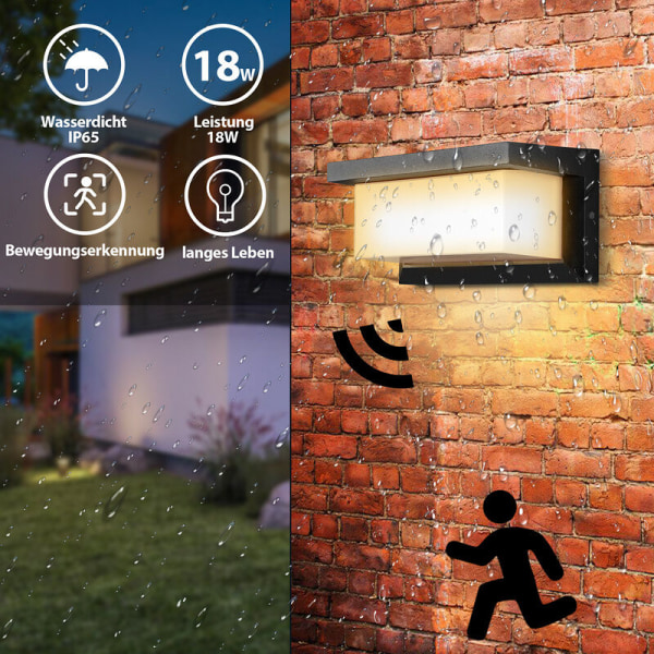 Hengda LED-vägglampa 18W LED-sensor IP65 utomhusbelysning med rörelsesensor uteplatser trädgårdar varmvit - svart