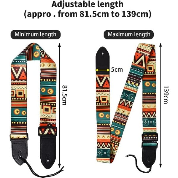 1 Piece Ethnic Guitar Strap, Adjustable Ukulele Strap, Guitar Strap with PU Leather Ends, Guitar Accessories, Fits Bass, Electric and Acoustic Guita