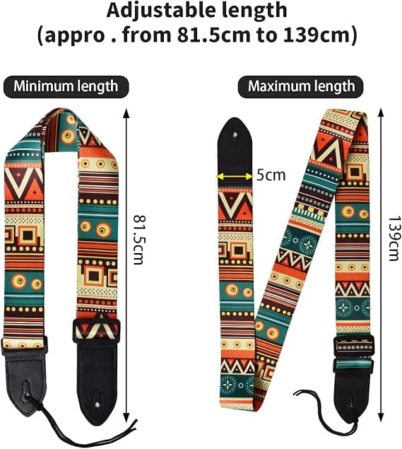 1 st etnisk gitarrrem, justerbar ukulele-rem, gitarrrem med PU-läderändar, gitarraccessoarer, passar bas, el- och akustisk gitarr