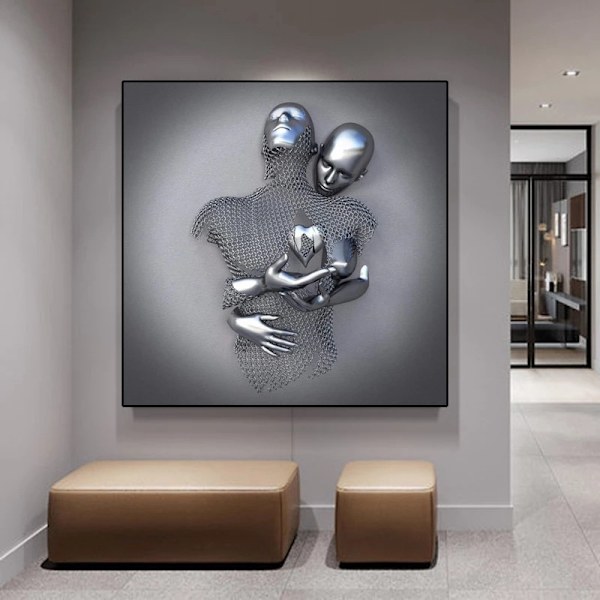 Kärleks hjärta 3D-effekt väggkonst abstrakt metallsculptur duk modern målning väggdekor 30*40cm